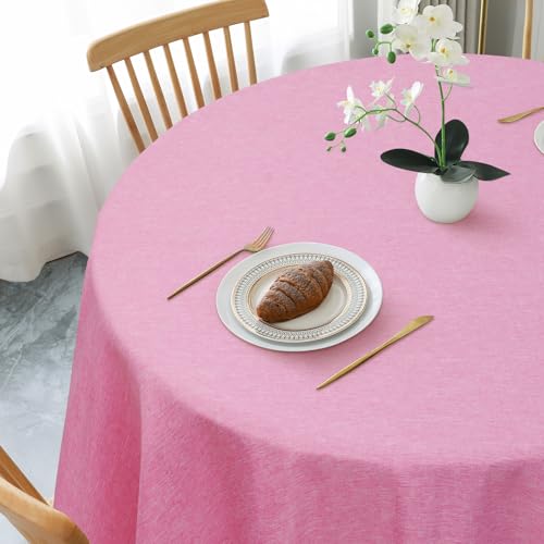 AooHome Tischdecke Rund Φ140cm, Rosa Leinen-Optik Tischdecken Abwaschbar Tischtuch aus Polyester Wasserabweisend mit Lotuseffekt, Dauerhaft Kratzfest für Wohnzimmer, Esszimmer, Balkon, Garten von AooHome