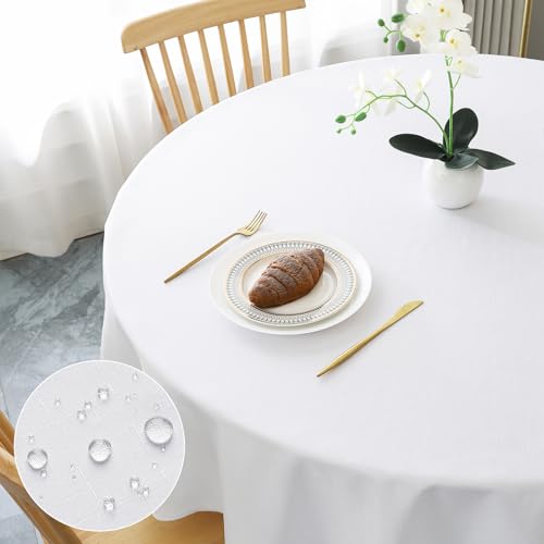 AooHome Tischdecke Rund Φ140cm, Weiß Leinen-Optik Tischdecken Abwaschbar Tischtuch aus Polyester Wasserabweisend mit Lotuseffekt, Dauerhaft Kratzfest für Wohnzimmer, Esszimmer, Balkon, Garten von AooHome