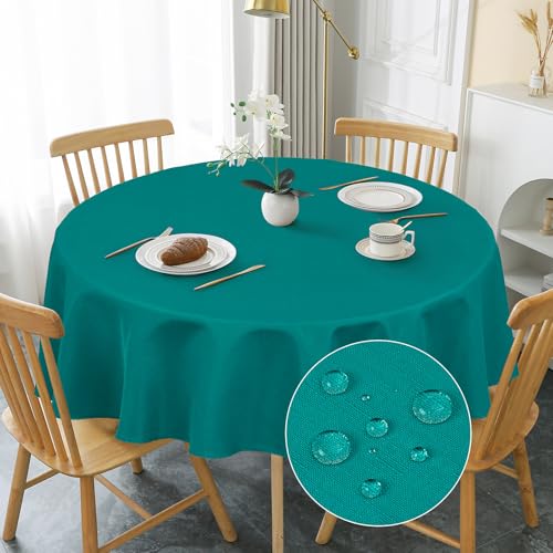 AooHome Tischdecke Rund Φ160cm, Blaugrün Leinen-Optik Tischdecken Abwaschbar Tischtuch aus Polyester Wasserabweisend mit Lotuseffekt, Dauerhaft Kratzfest für Wohnzimmer, Esszimmer, Balkon, Garten von AooHome