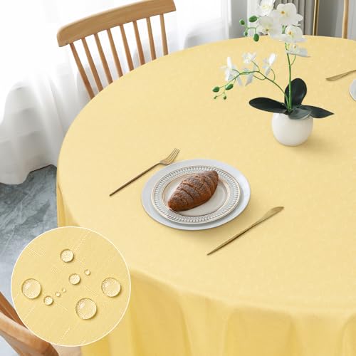 AooHome Tischdecke Rund Φ160cm, Gelb Leinen-Optik Tischdecken Abwaschbar Tischtuch aus Polyester Wasserabweisend mit Lotuseffekt, Dauerhaft Kratzfest für Wohnzimmer, Esszimmer, Balkon, Garten von AooHome