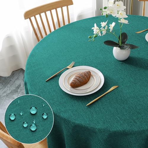 AooHome Tischdecke Rund Φ180cm, Blaugrün Leinen-Optik Tischdecken Abwaschbar Tischtuch aus Polyester Wasserabweisend mit Lotuseffekt, Dauerhaft Kratzfest für Wohnzimmer, Esszimmer, Balkon, Garten von AooHome