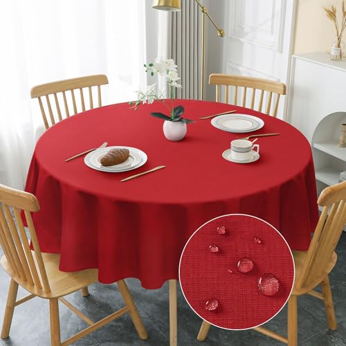 AooHome Tischdecke Rund 180cm, Rot Leinen-Optik Tischdecken Abwaschbar Tischtuch aus Polyester Wasserabweisend mit Lotuseffekt, Dauerhaft Kratzfest für Wohnzimmer, Esszimmer, Balkon, Garten von AooHome