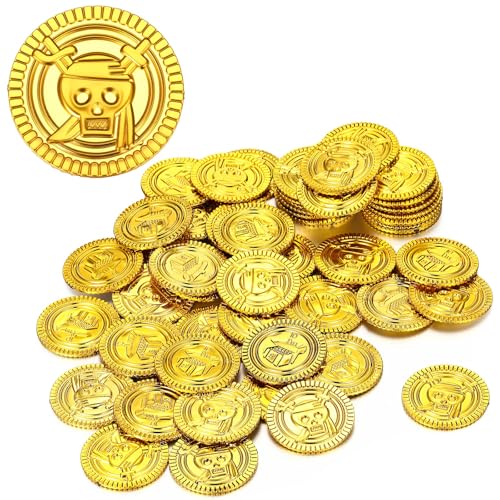Aoriher 50 Stücke Plastik Münzen Piraten Schatz Gefälschte Münzen Piraten Schatzsuche Truhe für Schatzsuche Party Tasche (3,5 x 3,5 x 0,2 cm, Gold) von Aoriher