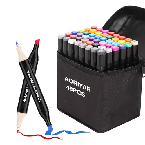 Aoriyar 48 Farben Kunst Marker, Alkohol Marker Färbung Dual Tip Künstler Stifte Set für Studenten Manga Künstler Zeichnung Skizzieren Unterstreichen Illustration Malerei Kartenherstellung von Aoriyar