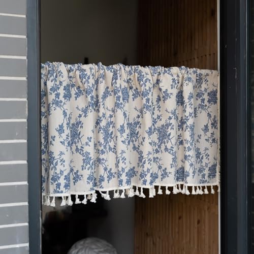 Aotiwe 1er Pack Kurzgardine Modern Küche, Scheibengardinen Kurz Fenster Beige Blau Rosenblütenmuster mit Quasten Stange Baumwollleinen 140x60cm Aotiwe 1er Pack Kurzgardine Modern Küche, Scheibengardinen Kurz Fenster Beige Blau Rosenblütenmuster mit Quasten Stange Baumwollleinen 140x60cm von Aotiwe