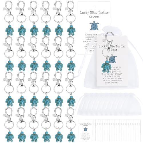 Aotoer 50 Sets Lucky Little Turtle Schlüsselanhänger mit weißem Organza-Beutel und Grußkarte für Familie Freunde, blau, One size von Aotoer