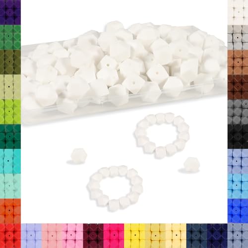 Sechseckige Silikonperlen, 14 mm, Silikonperlen für Schlüsselanhängerherstellung, Silikonperlen für Armbandherstellung, Halskettenherstellung und Silikonperlen für Stifte, Weiß, 90 Stück von Aoughthee