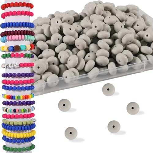 Silikon-Perlen, 14 mm, Silikon-Abakus-Perlen für Schlüsselanhängerherstellung, Silikon-Fokal-Perlen für Armband, Halskette und Abstandshalter für Stifte, Hellgrau, 200 Stück von Aoughthee