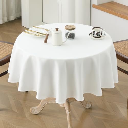 Aoztio Tischdecke Rund 120 cm, Weiß Abwischbare Tischdecke Leinenoptik, wasserdichte und Schmutzabweisende Tischdecken Waschbar mit Lotuseffekt, Geeignet für Küche, Restaurant, Garten von Aoztio