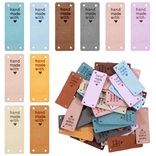 Apausvcm 50 Stück Handmade Label,PU Leder Label,Geprägte Handmade Labels zum Annähen,Handgefertigte Lederetiketten Etikett aus Wildleder mit Löchern,für DIY Hut Jeans Taschen Schuhe Handwerk Stricken von Apausvcm