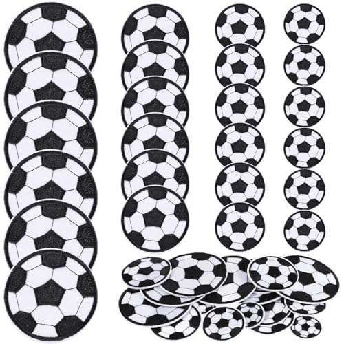 Apausvcm 24 Stück Fußball Patches zum Aufbügeln,4 Größen Bestickte Bügelflicken Kinder,Fußball Bestickte Aufnäher,Ball Sports-Stil Patch Kit für T-Shirt Kleidung Jeans Jacken Rucksäcke Hüte von Apausvcm