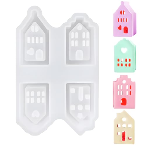 Aphromirel 4 Stück Silikonformen Gießformen Häuser Ostern Mini Silikonform Haus mit Fenster Giessformen Silikon Gießform Häuser für DIY Geburtstag Dekoration Geschenke für Papa Mama von Aphromirel