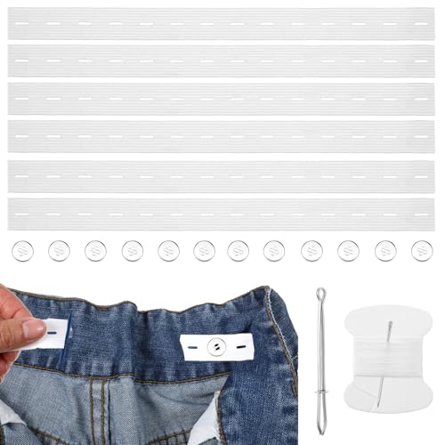 6 Stück verstellbare elastische Jeans-Taillenstraffer, Taillenspanner für Hosen, Damen, Kinderhosen, Taillenverlängerung, Hosen-Knopfspanner mit 12 Knöpfen, 1 Nähset und 1 Fadenhaken (weiß) von Aphumedc