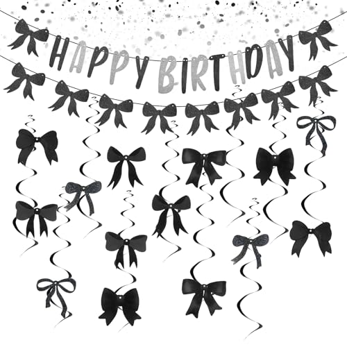 Schwarze Schleife Geburtstag Dekorationen, Glitzer Happy Birthdays Banner, Schwarz und Weiß Themed Kokette Dekorationen für Schleife Thema Party Brautdusche Baby Shower Mädchen Frauen Geburtstag Schwarze Schleife Geburtstag Dekorationen, Glitzer Happy Birthdays Banner, Schwarz und Weiß Themed Kokette Dekorationen für Schleife Thema Party Brautdusche Baby Shower Mädchen Frauen Geburtstag von Aphumedc
