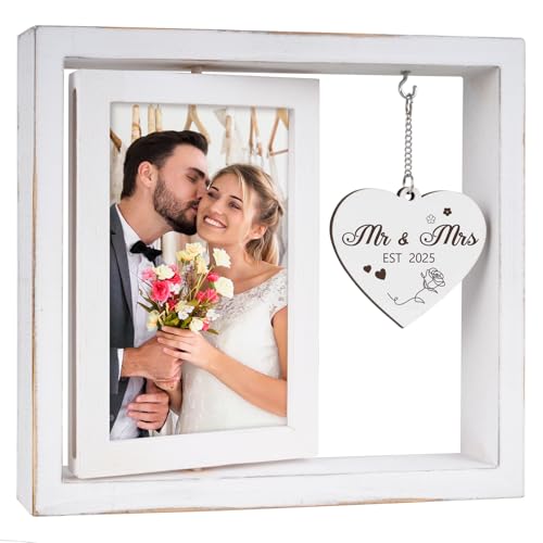 Apjielop Hochzeits-Bilderrahmen mit Herz-Charm, Mr & Mrs EST 2025, weißes Holz, Schattenbox, Foto-Display Apjielop Hochzeits-Bilderrahmen mit Herz-Charm, Mr & Mrs EST 2025, weißes Holz, Schattenbox, Foto-Display von Apjielop