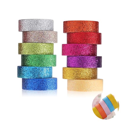 12 Rollen Washi Tape Set, Bunte Glitzernde Bänder Farbmaskierungsband Klebeband aus Papier mit Glitter Funkelnd Dekoratives Klebeband Bunt Masking Dekrativer Bastelband für DIY Scrapbooking 15mmx3m 12 Rollen Washi Tape Set, Bunte Glitzernde Bänder Farbmaskierungsband Klebeband aus Papier mit Glitter Funkelnd Dekoratives Klebeband Bunt Masking Dekrativer Bastelband für DIY Scrapbooking 15mmx3m von Apkpesterml