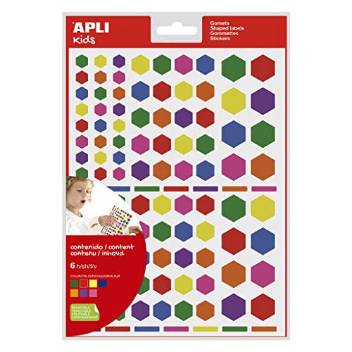 APLI Kids 18768 Beutel mit 624 sechseckigen Gummis in verschiedenen Größen, abnehmbar, mehrfarbig, 6 Blätter von APLI Kids