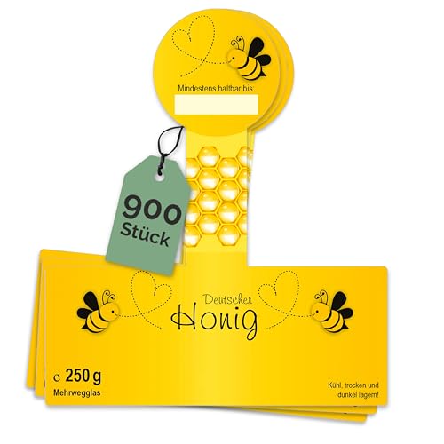 Apoidea – Honig Etiketten 250 g mit Gewährverschluss nassklebend – 900 Stück zum Stempeln/Etiketten Honiggläser/Honig Aufkleber für selbstgemachten Honig/Honigetiketten für Honiggläser von Apoidea