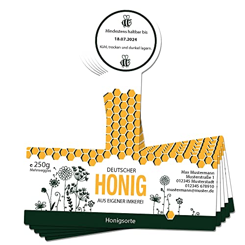 Apoidea – Honig Etiketten 250 g mit Gewährverschluss selbstklebend & personalisierbar - 100 Stück/Etiketten Honiggläser/Honig Aufkleber für selbstgemachten Honig/Honigetiketten für Honiggläser von Apoidea