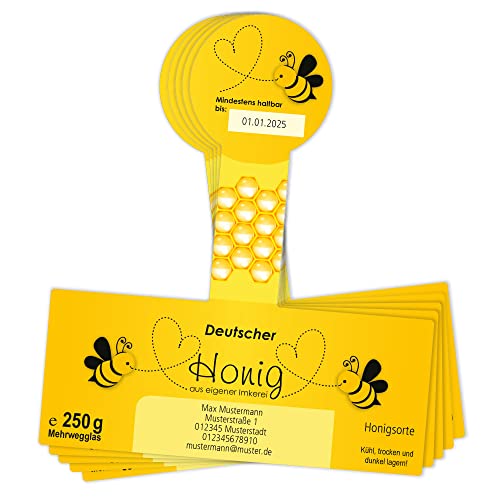 Apoidea – Honig Etiketten 250 g mit Gewährverschluss selbstklebend & personalisierbar - 25 Stück/Etiketten Honiggläser/Honig Aufkleber für selbstgemachten Honig/Honigetiketten für Honiggläser von Apoidea