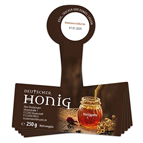 Apoidea – Honig Etiketten 250 g mit Gewährverschluss selbstklebend & personalisierbar - 50 Stück/Etiketten Honiggläser/Honig Aufkleber für selbstgemachten Honig/Honigetiketten für Honiggläser von Apoidea