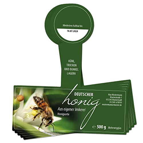 Apoidea – Honig Etiketten 500g mit Gewährverschluss selbstklebend & personalisierbar - 100 Stück/Etiketten Honiggläser/Honig Aufkleber für selbstgemachten Honig/Honigetiketten für Honiggläser von Apoidea