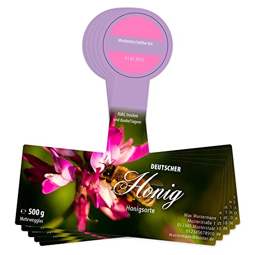 Apoidea – Honig Etiketten 500g mit Gewährverschluss selbstklebend & personalisierbar - 100 Stück/Etiketten Honiggläser/Honig Aufkleber für selbstgemachten Honig/Honigetiketten für Honiggläser von Apoidea