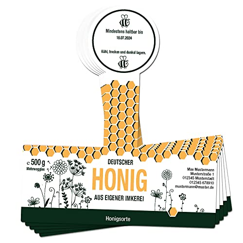 Apoidea – Honig Etiketten 500g mit Gewährverschluss selbstklebend & personalisierbar - 200 Stück/Etiketten Honiggläser/Honig Aufkleber für selbstgemachten Honig/Honigetiketten für Honiggläser von Apoidea