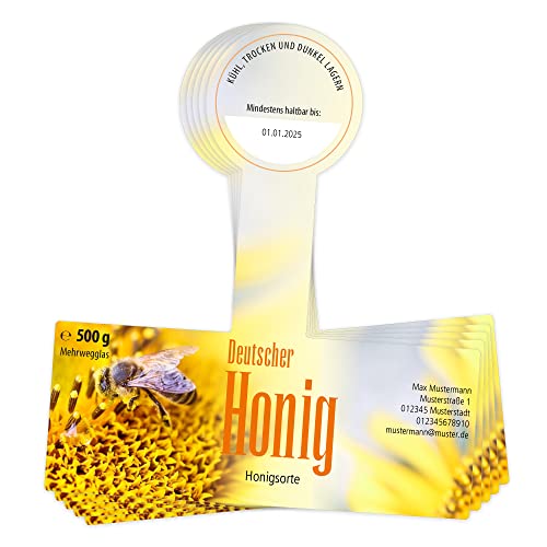 Apoidea – Honig Etiketten 500g mit Gewährverschluss selbstklebend & personalisierbar - 25 Stück/Etiketten Honiggläser/Honig Aufkleber für selbstgemachten Honig/Honigetiketten für Honiggläser von Apoidea