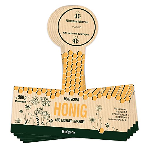 Apoidea – Honig Etiketten 500g mit Gewährverschluss selbstklebend & personalisierbar - 25 Stück/Etiketten Honiggläser/Honig Aufkleber für selbstgemachten Honig/Honigetiketten für Honiggläser von Apoidea