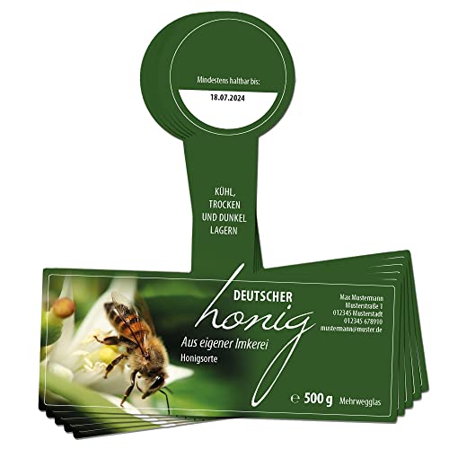 Apoidea – Honig Etiketten 500g mit Gewährverschluss selbstklebend & personalisierbar - 500 Stück/Etiketten Honiggläser/Honig Aufkleber für selbstgemachten Honig/Honigetiketten für Honiggläser von Apoidea