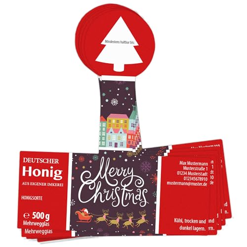 Apoidea – Honig Etiketten 500g mit Weihnachtsmotiv & Gewährverschluss selbstklebend & personalisierbar - 100 Stück/Etiketten Honiggläser/Honig Aufkleber für selbstgemachten Honig/Honigetiketten von Apoidea