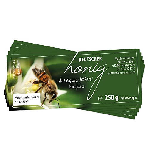 Apoidea – Honig Etiketten Rechteckig selbstklebend & personalisierbar - 100 Stück/Etiketten Honiggläser 250g / Honig Aufkleber für selbstgemachten Honig/Honigetiketten für Honiggläser von Apoidea