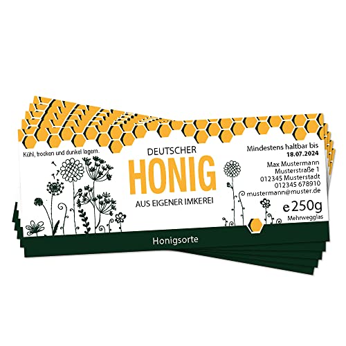 Apoidea – Honig Etiketten Rechteckig selbstklebend & personalisierbar - 200 Stück/Etiketten Honiggläser 250g / Honig Aufkleber für selbstgemachten Honig/Honigetiketten für Honiggläser von Apoidea