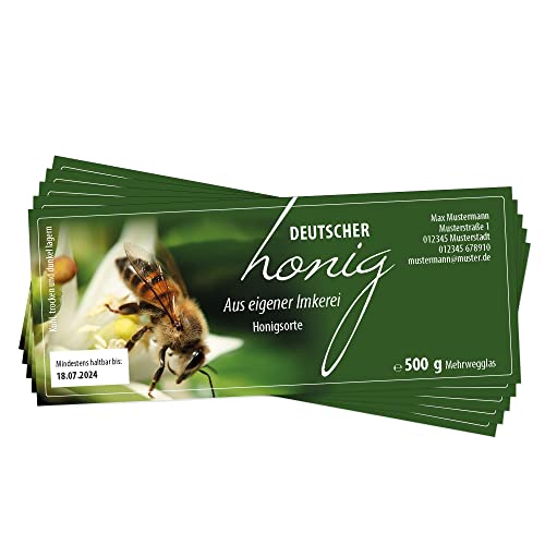 Apoidea – Honig Etiketten Rechteckig selbstklebend & personalisierbar - 25 Stück/Etiketten Honiggläser 500 g/Honig Aufkleber für selbstgemachten Honig/Honigetiketten für Honiggläser von Apoidea