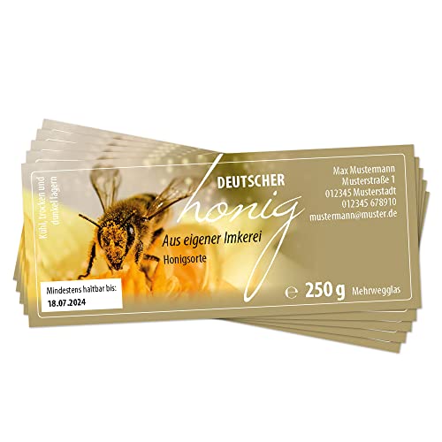 Apoidea – Honig Etiketten Rechteckig selbstklebend & personalisierbar - 500 Stück/Etiketten Honiggläser 250g / Honig Aufkleber für selbstgemachten Honig/Honigetiketten für Honiggläser von Apoidea