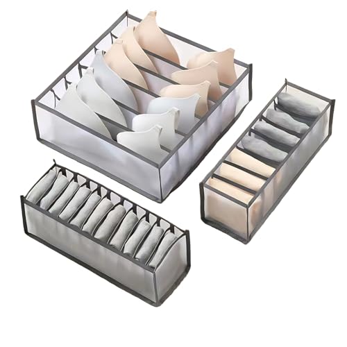 ApollOptimum 3er Set Schubladen Organizer Kleidung,Netzstoff faltbar - 1 BH-Organizer (6 Stücke), 1 Unterwäsche Organizer (7 Stücke), 1 Socken-Box (12 Paare) für Kommode,Kommode Organizer(Grau) von ApollOptimum
