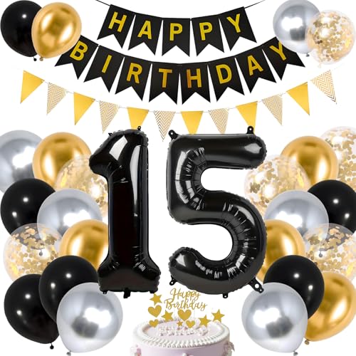 15th Schwarz Gold Geburtstag Dekorationen Schwarz Folienballons Happy Birthday Banner Kuchen Topper für Männer Frauen Geburtstag Party Dekorationen (15th) von Apradas