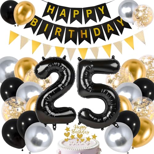 25th Schwarz Gold Geburtstag Dekorationen Schwarz Folienballons Happy Birthday Banner Kuchen Topper für Männer Frauen Geburtstag Party Dekorationen (25th) von Apradas