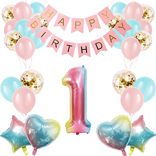 Apradas Baby Mädchen 1. Geburtstag Dekorationen Farbverlauf Alter 1 Geburtstag Luftballons mit Happy Birthday Banner für Babypartys ersten Geburtstag Party Zubehör für Mädchen Jungen von Apradas