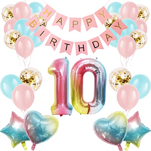 Apradas Baby Mädchen 10. Geburtstag Dekorationen Farbverlauf Farbe Alter 10 Geburtstag Luftballons mit Happy Birthday Banner für Babypartys ersten Geburtstag Party Zubehör für Mädchen Jungen von Apradas