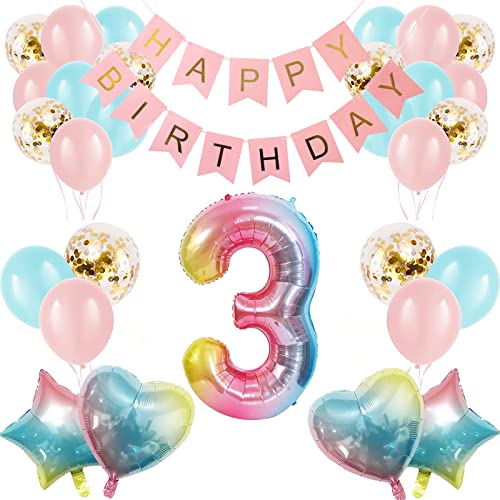 Apradas Baby Mädchen 3. Geburtstag Dekorationen Farbverlauf Alter 3 Geburtstag Luftballons mit Happy Birthday Banner für Babypartys ersten Geburtstag Party Zubehör für Mädchen Jungen von Apradas