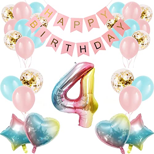 Apradas Baby Mädchen 4. Geburtstag Dekorationen Farbverlauf Alter 4 Geburtstag Luftballons mit Happy Birthday Banner für Babypartys ersten Geburtstag Party Zubehör für Mädchen Jungen von Apradas