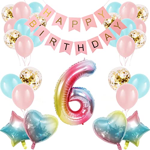 Apradas Baby Mädchen 6. Geburtstag Dekorationen Farbverlauf Alter 6 Geburtstag Luftballons mit Happy Birthday Banner für Babypartys ersten Geburtstag Party Zubehör für Mädchen Jungen von Apradas