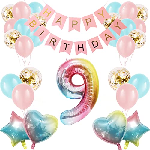 Apradas Baby Mädchen 9th Birthday Decorations Gradient Color Age 9 Birthday Balloons with Happy Birthday Banner for Baby Showers First Birthday Party Supplies for Girls Boys von Apradas