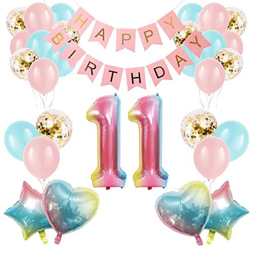 Apradas Baby-Mädchen-Dekoration zum 11. Geburtstag, Farbverlauf, Alter 11. Geburtstag, Luftballons mit Happy Birthday-Banner für Babypartys, erster Geburtstag, Partyzubehör für Mädchen und Jungen von Apradas