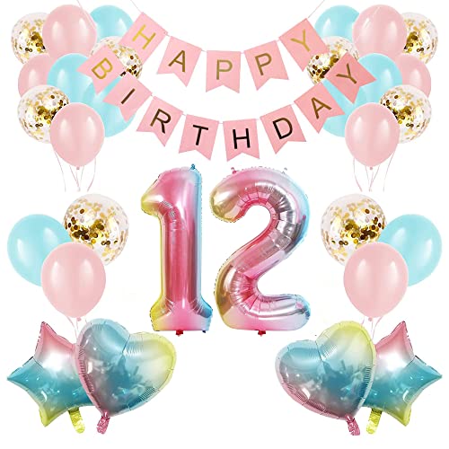 Apradas Baby-Mädchen-Dekoration zum 12. Geburtstag, Farbverlauf, Alter 12. Geburtstag, Luftballons mit Happy Birthday-Banner für Babypartys, erster Geburtstag, Partyzubehör für Mädchen und Jungen von Apradas