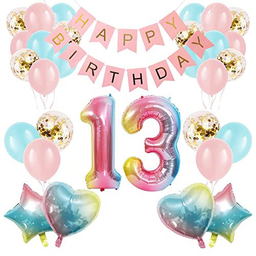 Apradas Baby-Mädchen-Dekoration zum 13. Geburtstag, Farbverlauf, Alter 13. Geburtstag, Luftballons mit Happy Birthday-Banner für Babypartys, erster Geburtstag, Partyzubehör für Mädchen und Jungen von Apradas
