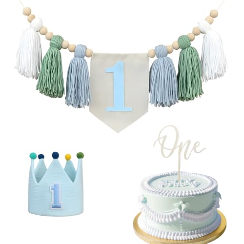 Ein Hochstuhl-Banner für den 1. Geburtstag Party Junge Dekorationen mit grüner Quaste Girlande Krone Hut Kuchen Topper (blau) von Apradas