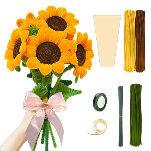 Pfeifenreiniger-Bastelset für DIY Sonnenblume mit Band, 2 Stück Geschenkpapier, 5 Stück Blumenstiele, 210 Stück braun gelb grün Pfeifenreiniger für Damen Mädchen Dekoration Geschenke zum Geburtstag von Apradas